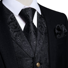 Black Paisley Jacquard V Neck Waistcoat Vest Tie Handkerchief Cufflinks Set