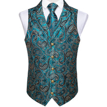 Black Teal Paisley Tie pocket square cufflinks and mens silk suit vest