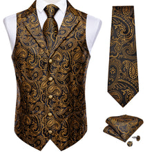 Blakc Golden Floral Jacquard V Neck Waistcoat Vest Tie Handkerchief Cufflinks Set