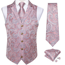 Pink Paisley Jacquard V Neck Waistcoat Vest Tie Handkerchief Cufflinks Set