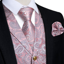 Pink Paisley Jacquard V Neck Waistcoat Vest Tie Handkerchief Cufflinks Set