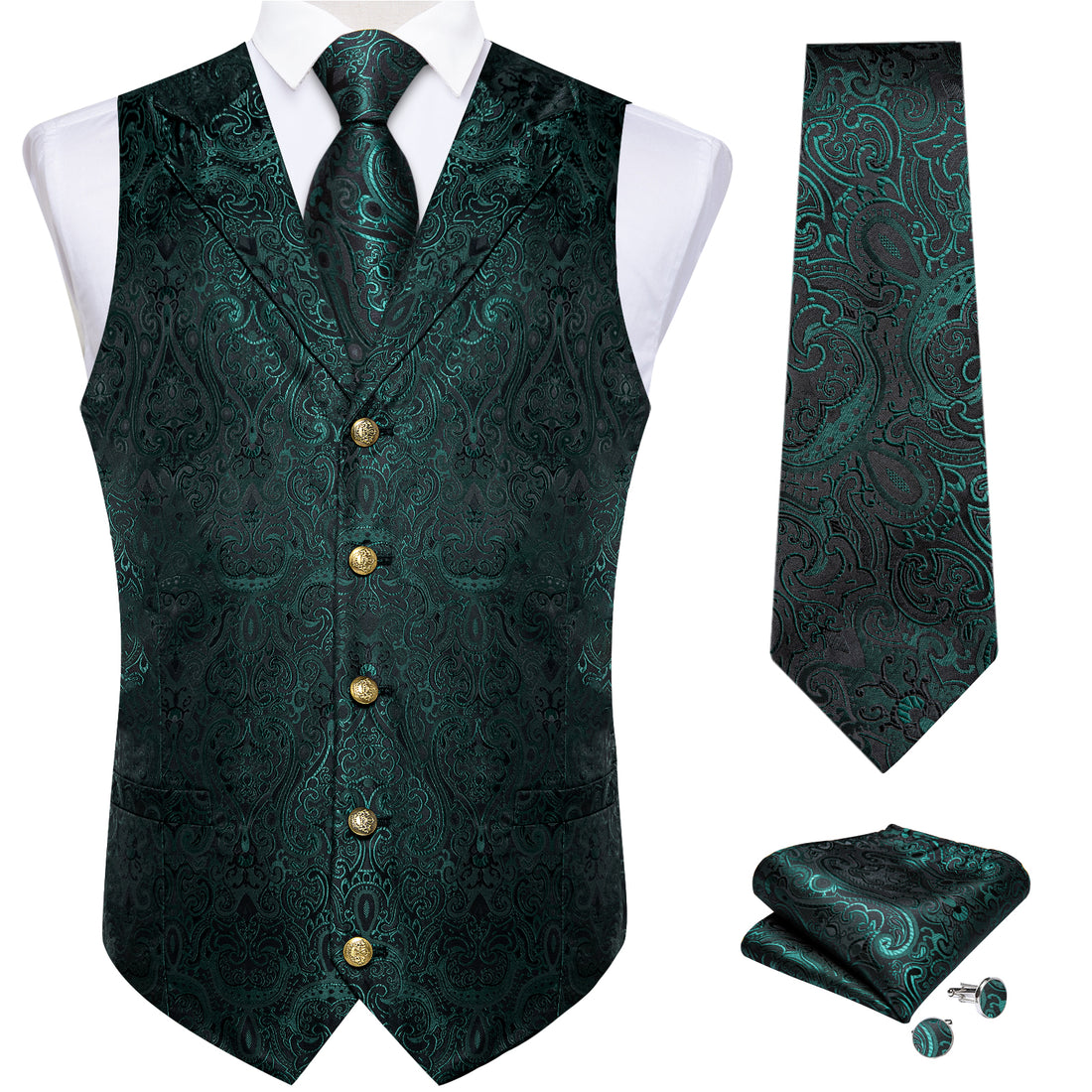 Green Floral Jacquard V Neck Waistcoat Vest Tie Handkerchief Cufflinks Set