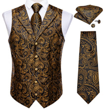 Black Goden Floral Jacquard V Neck Waistcoat Vest Tie Handkerchief Cufflinks Set