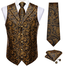 Black Goden Floral Jacquard V Neck Waistcoat Vest Tie Handkerchief Cufflinks Set