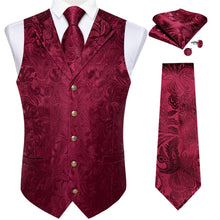 Burgundy Red Paisley Mens silk vest tie pocket square cufflinks set