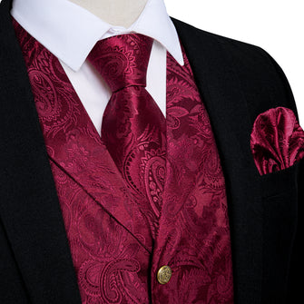 Burgundy Red Paisley Mens silk vest tie pocket square cufflinks set