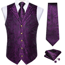 Purple Floral Jacquard V Neck Waistcoat Vest Tie Handkerchief Cufflinks Set