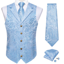 Light Blue Floral Jacquard V Neck Waistcoat Vest Tie Handkerchief Cufflinks Set