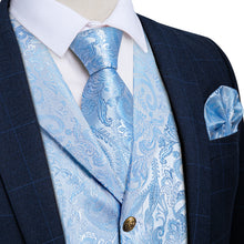 Light Blue Floral Jacquard V Neck Waistcoat Vest Tie Handkerchief Cufflinks Set