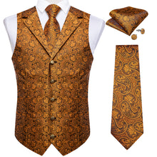 Golden Paisley Jacquard V Neck Waistcoat Vest Tie Handkerchief Cufflinks Set