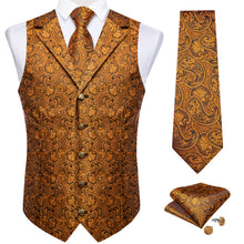 Golden Paisley Jacquard V Neck Waistcoat Vest Tie Handkerchief Cufflinks Set