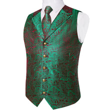Green Floral Jacquard V Neck Waistcoat Vest Tie Handkerchief Cufflinks Set