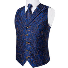 Blue Golden Floral Jacquard V Neck Waistcoat Vest Tie Handkerchief Cufflinks Set