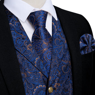 Blue Golden Floral Jacquard V Neck Waistcoat Vest Tie Handkerchief Cufflinks Set