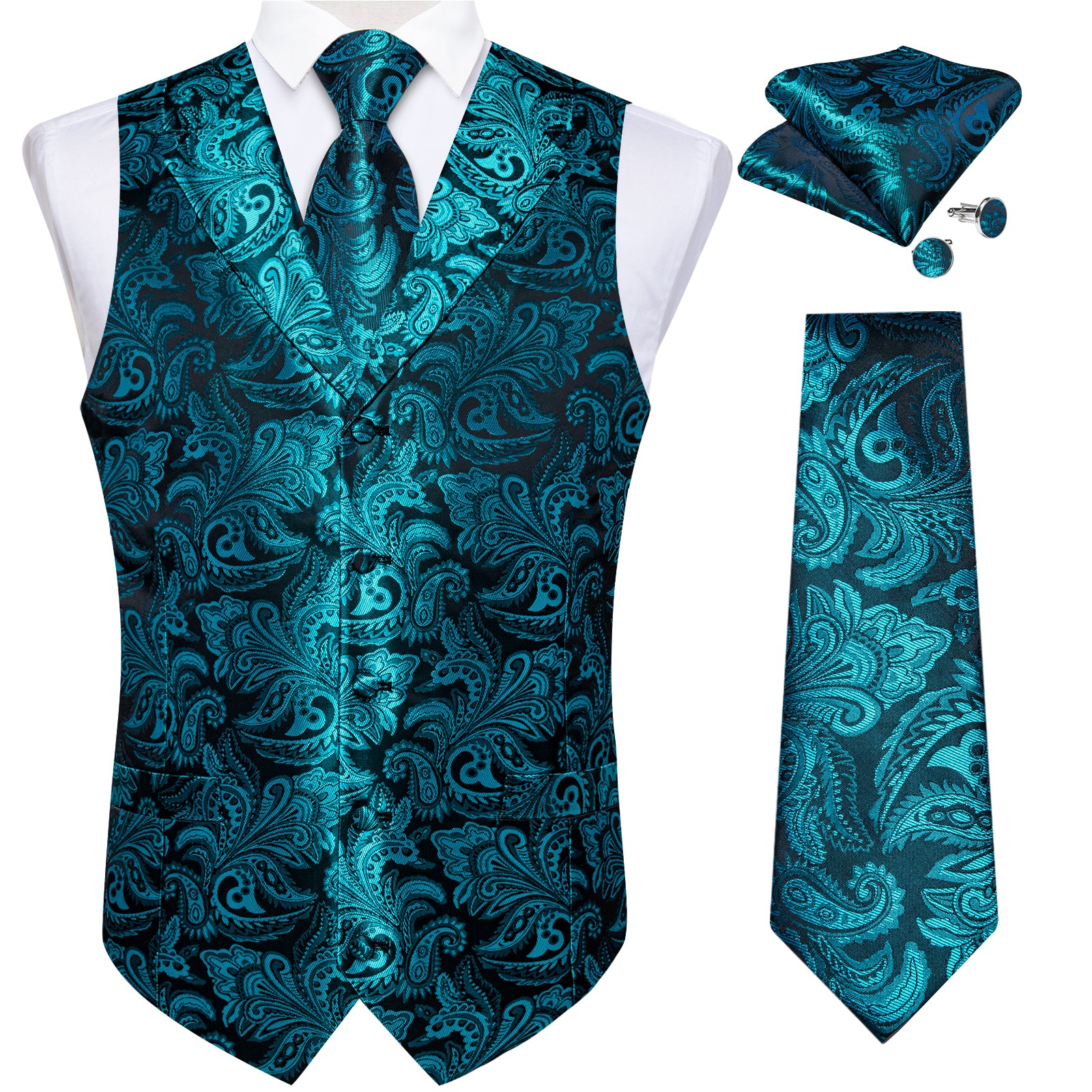 Teal blue paisley silk mens vest set for bussiness