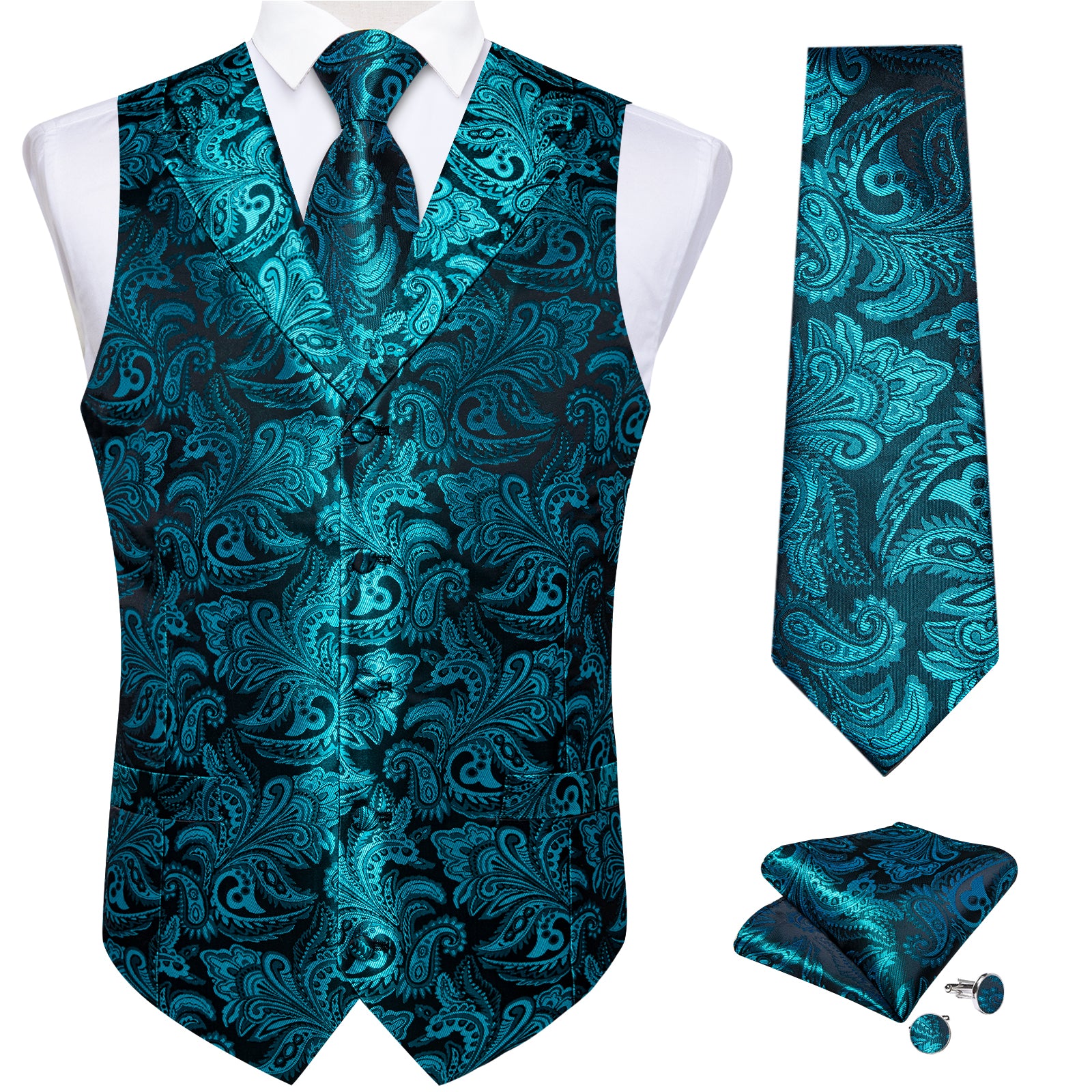 Teal blue paisley silk mens vest set for bussiness