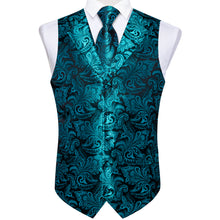 Teal blue paisley silk mens vest set for bussiness
