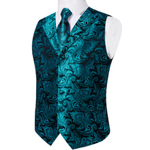 Teal blue paisley silk mens vest set for bussiness