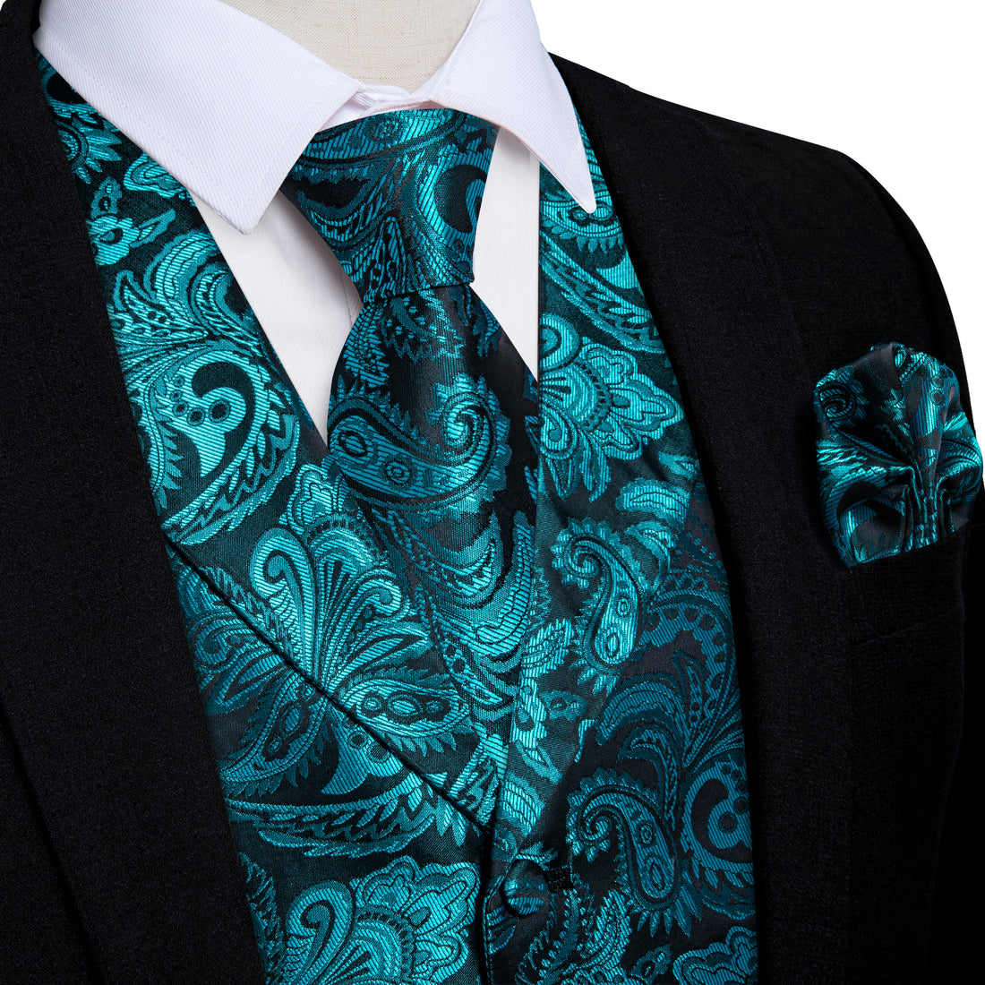 Teal blue paisley silk mens vest set for bussiness