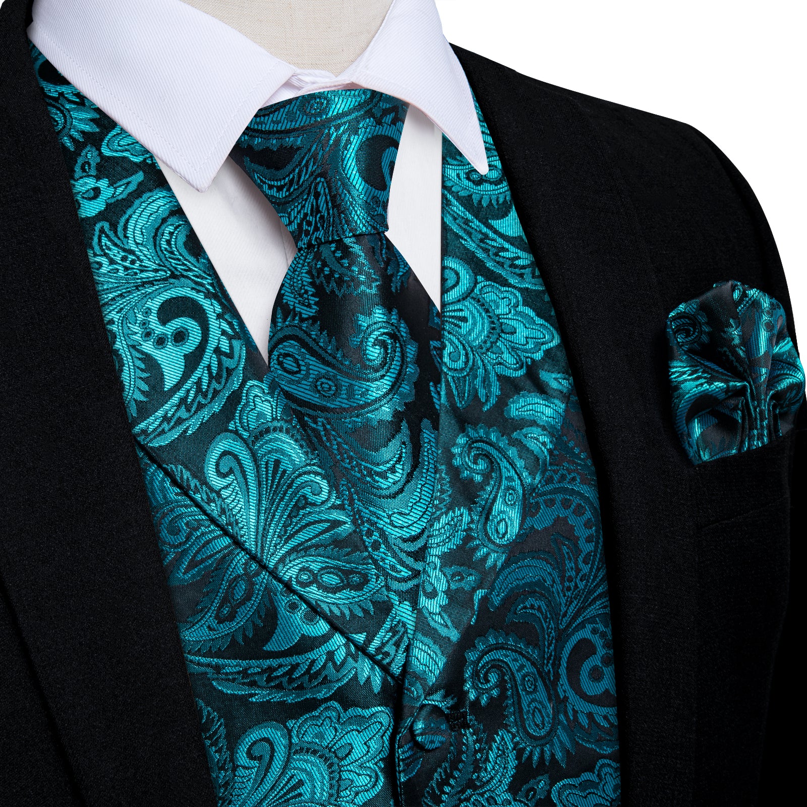 Teal blue paisley silk mens vest set for bussiness
