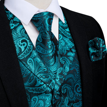 Teal blue paisley silk mens vest set for bussiness
