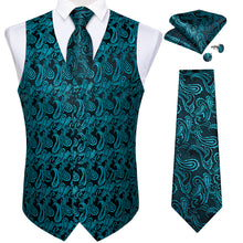 Black Teal Paisley Jacquard Silk Waistcoat Vest Tie Pocket Square Cufflinks Set