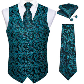New Black Teal Paisley Jacquard Silk Waistcoat Vest Tie Pocket Square Cufflinks Set