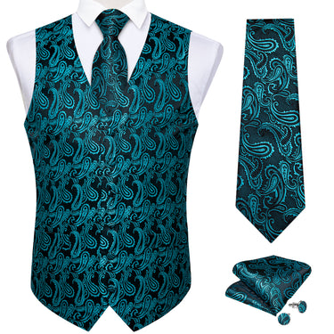 New Black Teal Paisley Jacquard Silk Waistcoat Vest Tie Pocket Square Cufflinks Set
