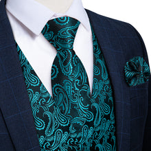 New Black Teal Paisley Jacquard Silk Waistcoat Vest Tie Pocket Square Cufflinks Set