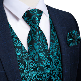 Black Teal Paisley Jacquard Silk Waistcoat Vest Tie Pocket Square Cufflinks Set