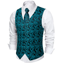 Black Teal Paisley Jacquard Silk Waistcoat Vest Tie Pocket Square Cufflinks Set