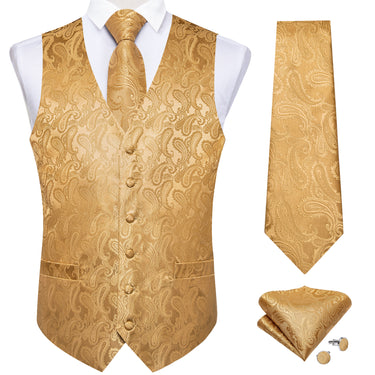 New Golden Paisley Jacquard Silk Waistcoat Vest Tie Pocket Square Cufflinks Set