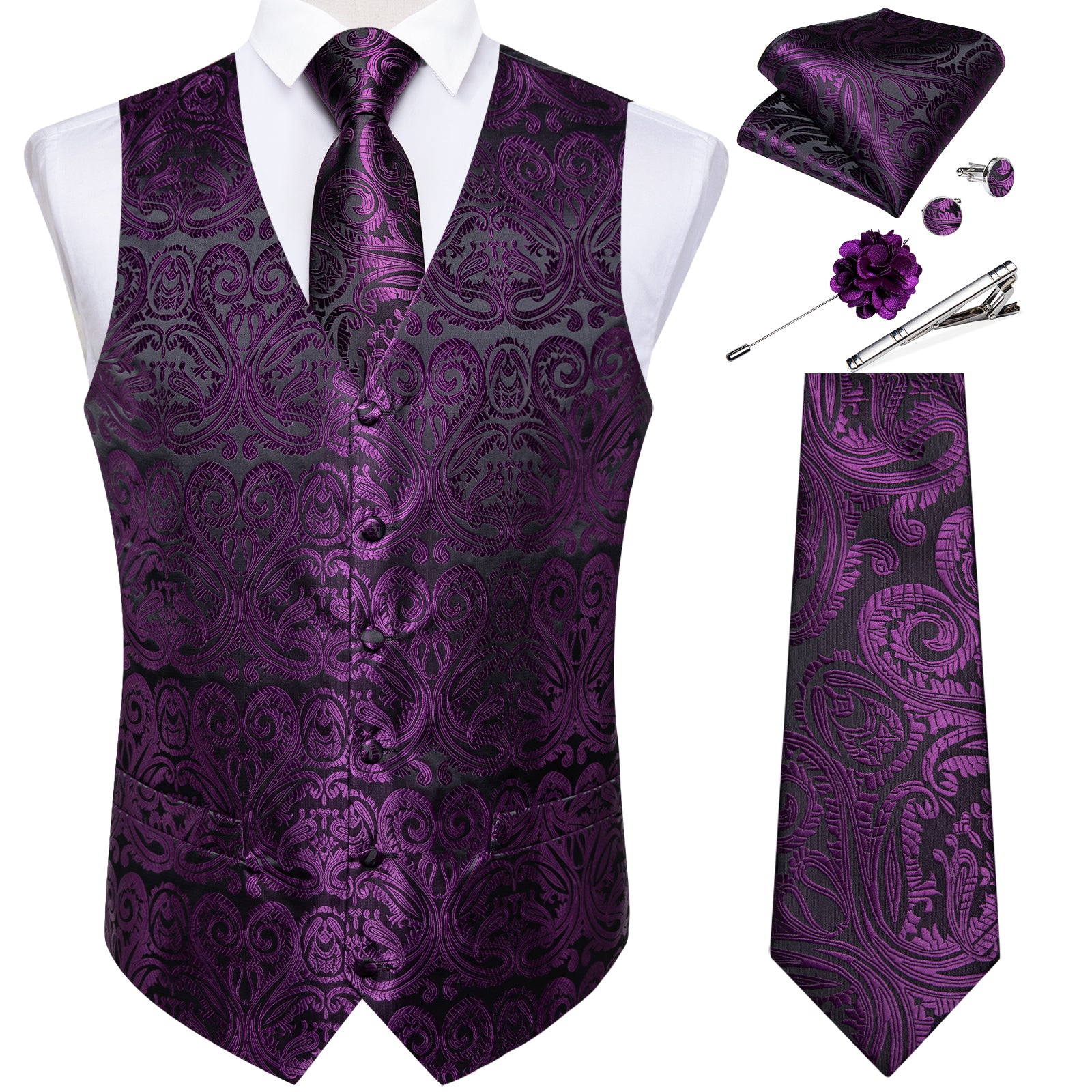 Men's Classic Purple Floral Jacquard Silk Waistcoat Vest Tie Handkerchief Cufflinks Suit Set