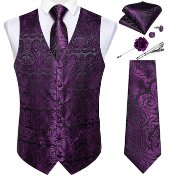 Men's Classic Purple Floral Jacquard Silk Waistcoat Vest Tie Handkerchief Cufflinks Suit Set