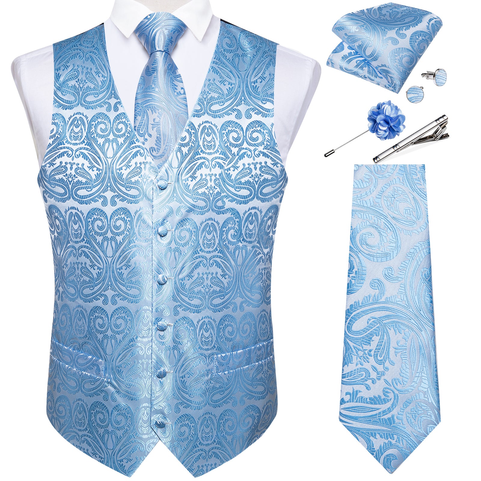 Men's Classic Light Blue Floral Jacquard Silk Waistcoat Vest Tie Handkerchief Cufflinks Suit Set