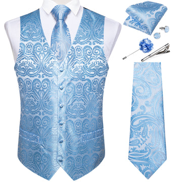 Men's Classic Light Blue Floral Jacquard Silk Waistcoat Vest Tie Handkerchief Cufflinks Suit Set