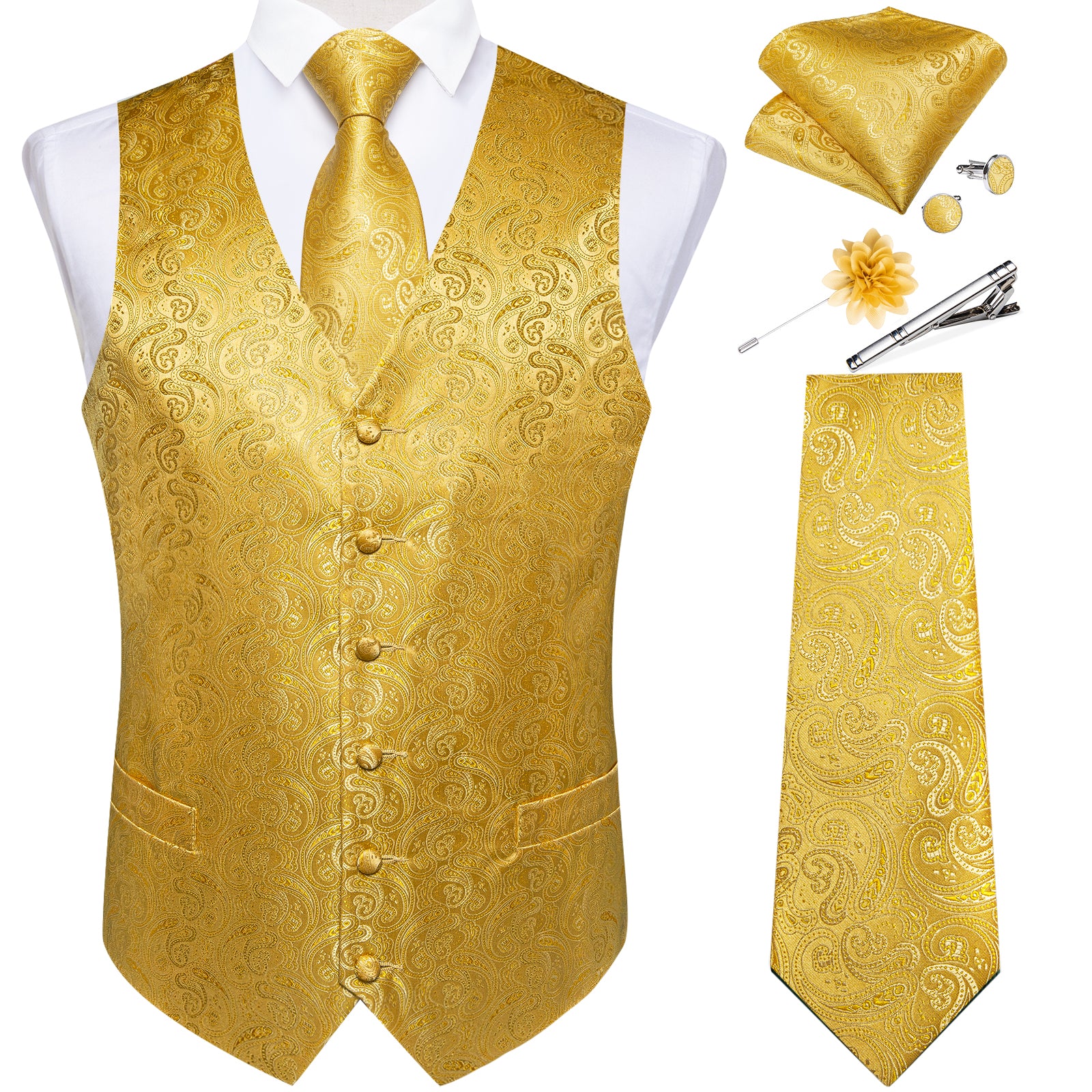 Gold Paisley Jacquard Silk Waistcoat Vest Necktie Handkerchief Cufflinks Suit Set