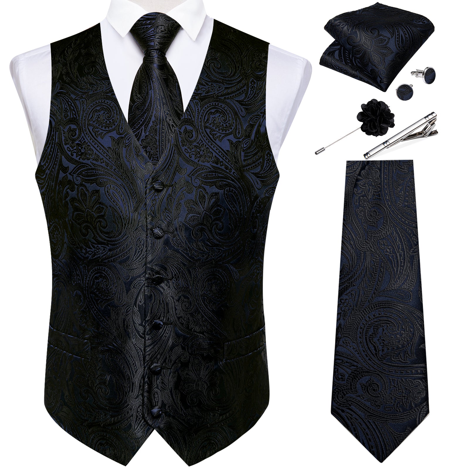 Men's Classic Black Blue Floral Jacquard Silk Waistcoat Vest Tie Handkerchief Cufflinks Suit Set