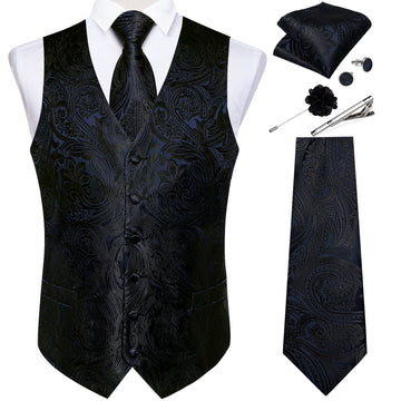 Men's Classic Black Blue Floral Jacquard Silk Waistcoat Vest Tie Handkerchief Cufflinks Suit Set