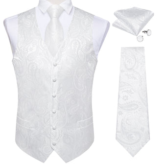 Men's Classic White Pailsey Jacquard Silk Waistcoat Vest Tie Handkerchief Cufflinks Suit Set