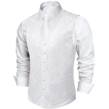Men's Classic White Pailsey Jacquard Silk Waistcoat Vest Tie Handkerchief Cufflinks Suit Set