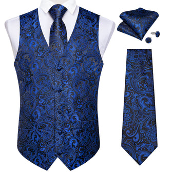 New Blue Floral Jacquard Silk Waistcoat Vest Tie Pocket Square Cufflinks Set