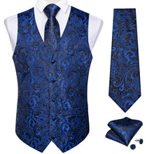 New Blue Floral Jacquard Silk Waistcoat Vest Tie Pocket Square Cufflinks Set