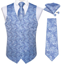 Teal Floral Jacquard Silk Waistcoat Vest Tie Pocket Square Cufflinks Set