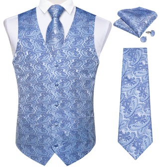 New Teal Floral Jacquard Silk Waistcoat Vest Tie Pocket Square Cufflinks Set