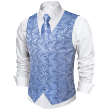 Teal Floral Jacquard Silk Waistcoat Vest Tie Pocket Square Cufflinks Set