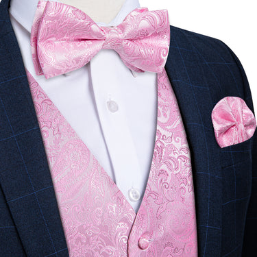Pink Paisley Jacquard Silk Waistcoat Vest Bowtie Pocket Square Cufflinks Set