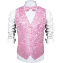 Pink Paisley Jacquard Silk Waistcoat Vest Bowtie Pocket Square Cufflinks Set