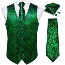 Green Paisley Jacquard Silk Waistcoat Vest Tie Pocket Square Cufflinks Set