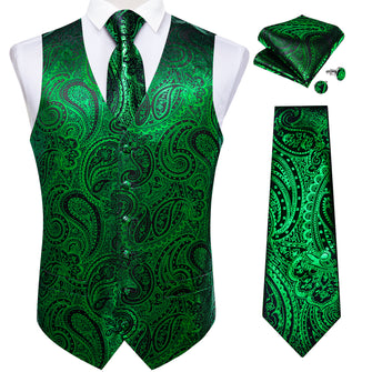 New Green Paisley Jacquard Silk Waistcoat Vest Tie Pocket Square Cufflinks Set